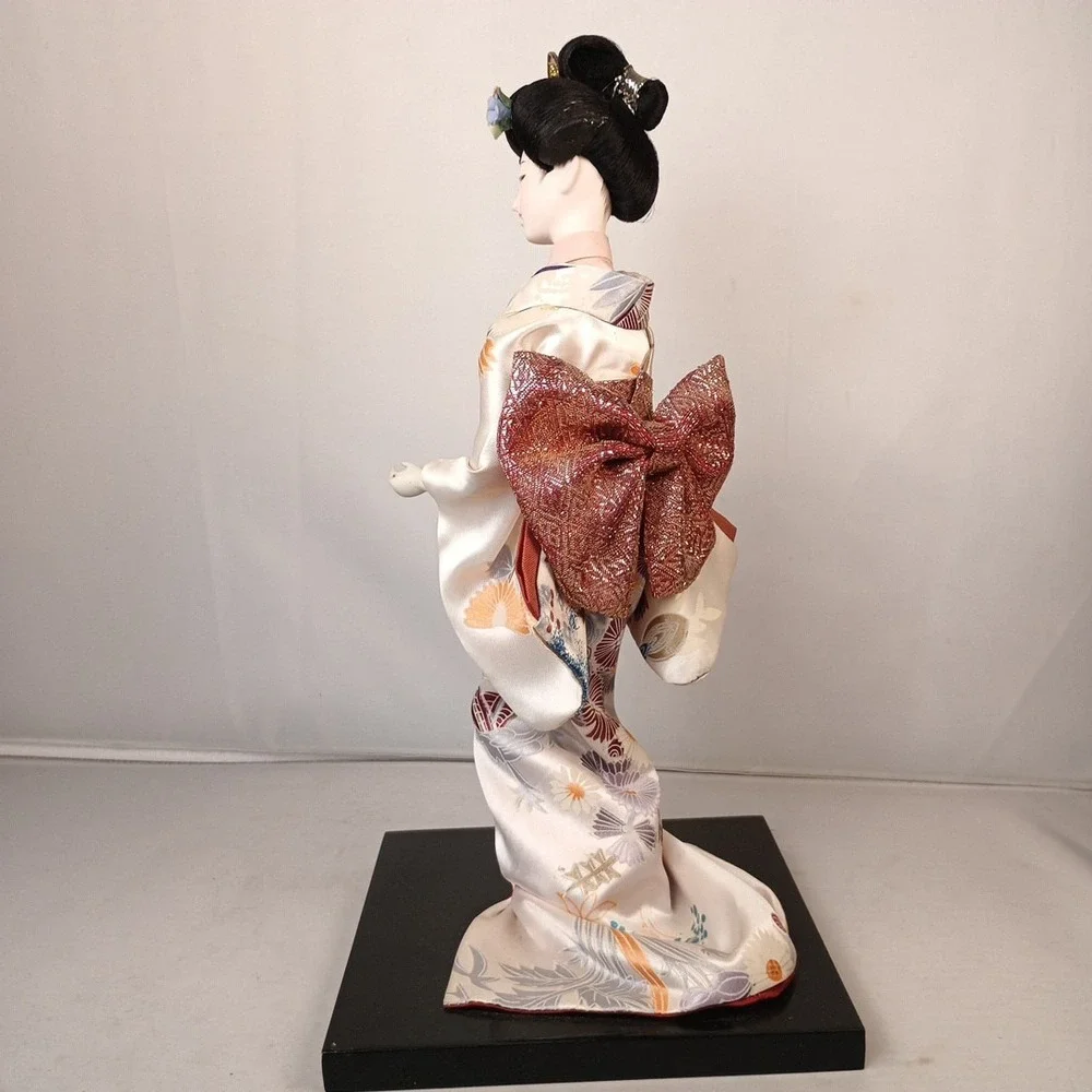 Vintage Japanese Geisha Doll Dancer White Silk Flower Kimono Full Headdress 12